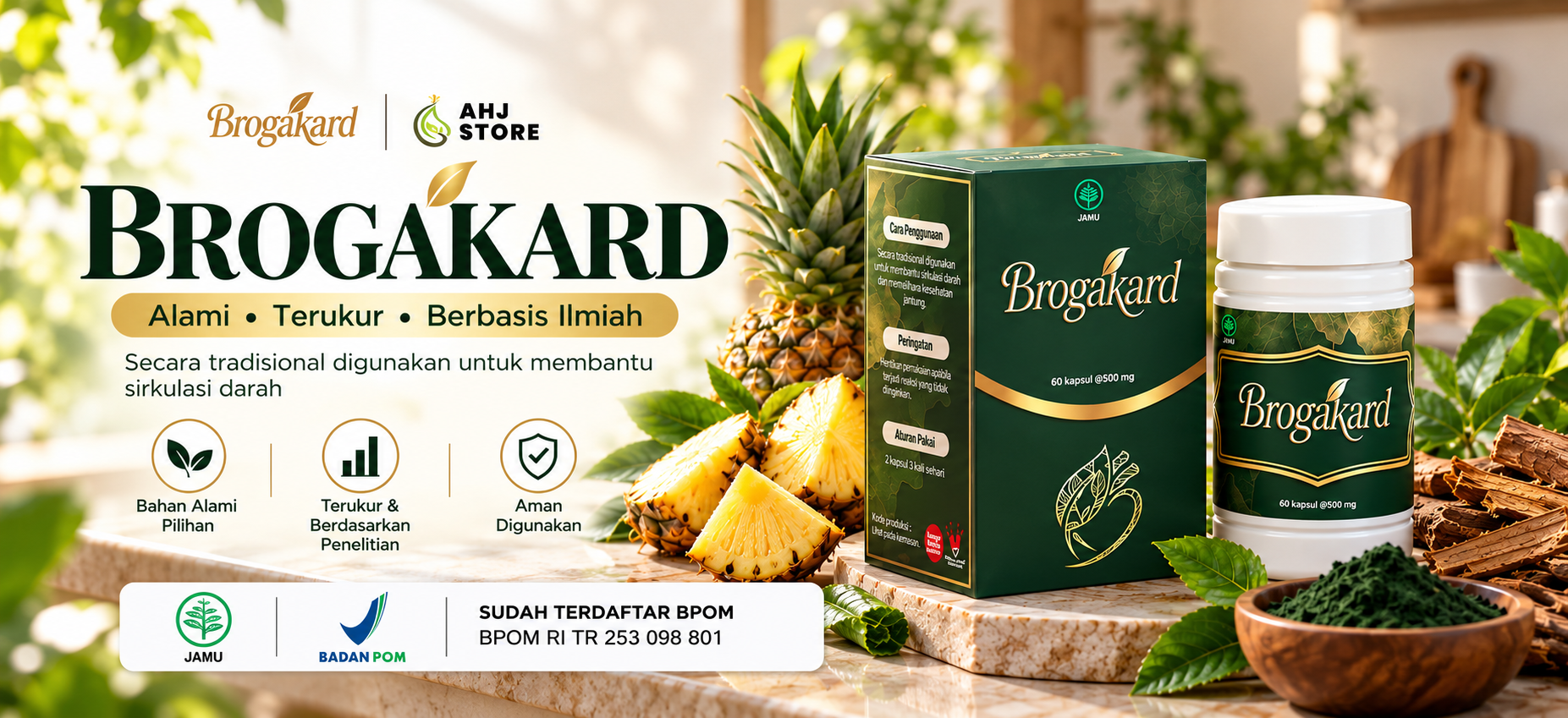 Brogakard – alami, terukur, berbasis ilmiah. Secara tradisional digunakan untuk membantu sirkulasi darah. Bahan alami pilihan, terukur dan berdasarkan penelitian, aman digunakan. Sudah terdaftar BPOM RI TR 253 098 801.